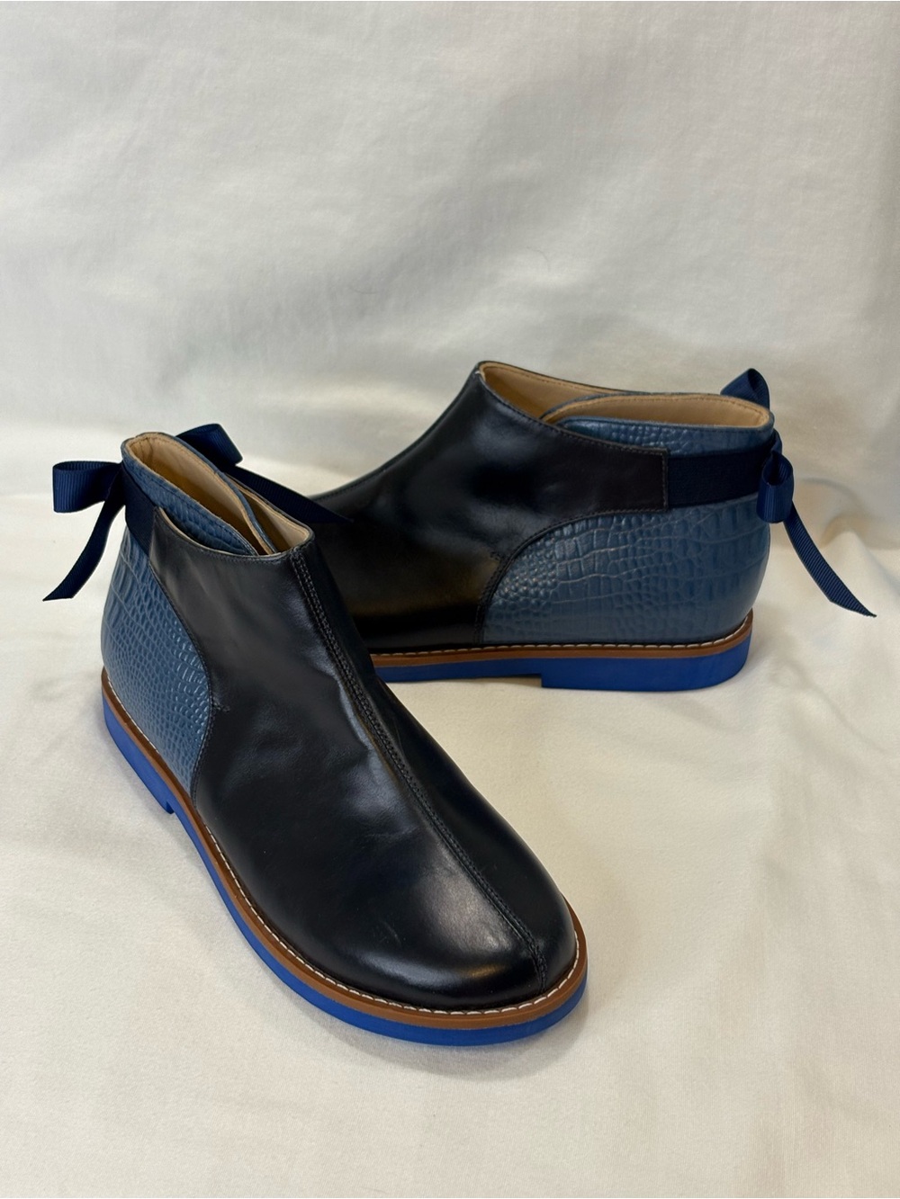 NEW Elephantito Navy Black Leather Annabelle Boots Croc-Texture Bow 4 $120